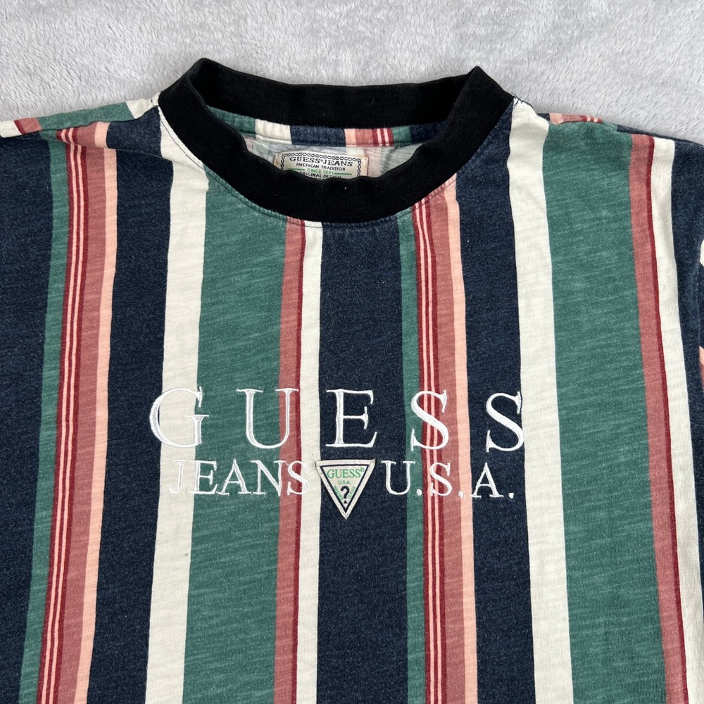 Guess Vertical Stripe Embroidered Logo T-Shirt M Multi Men Streetwear Retro - Picture 2 of 7